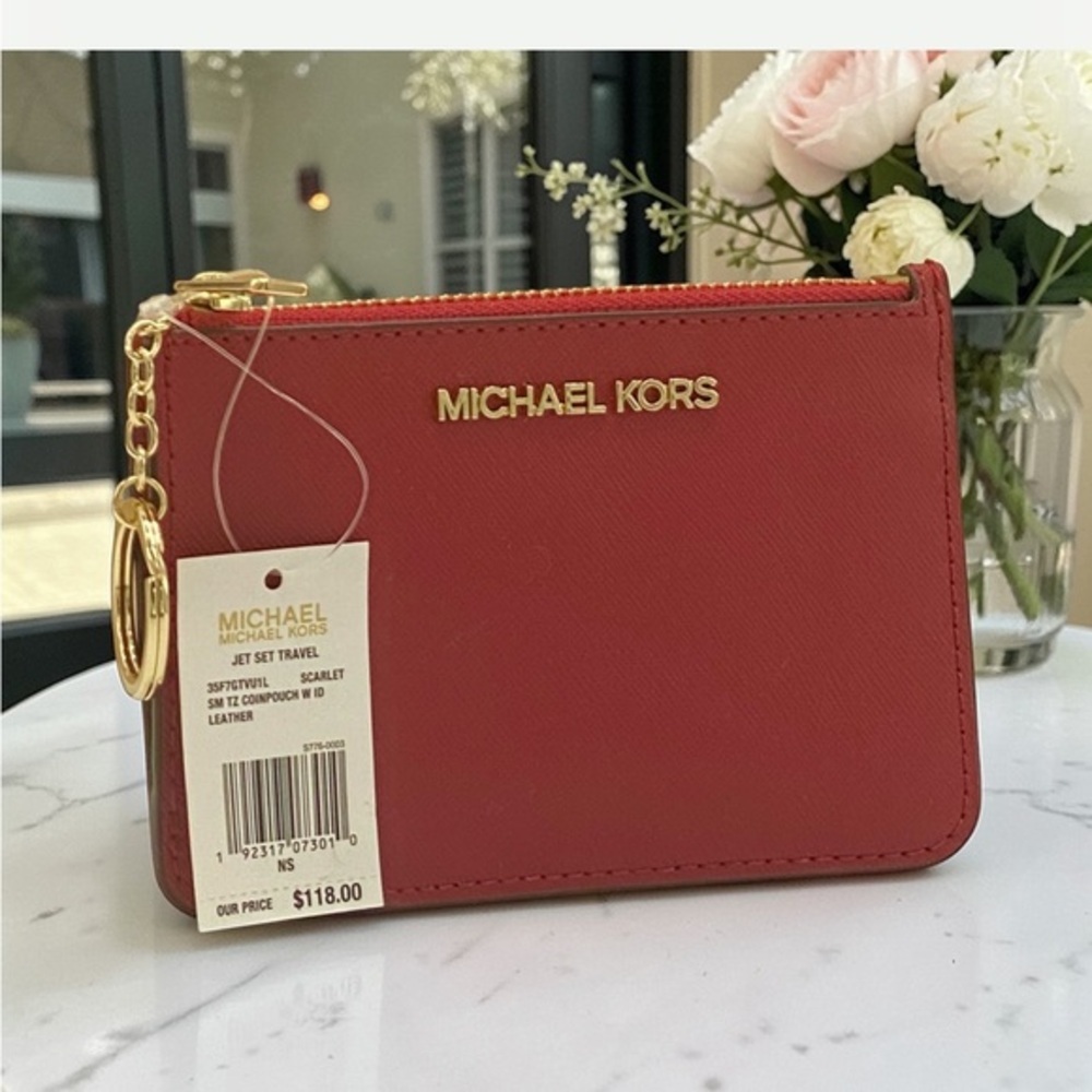 Michael Kors Scarlet Saffiano Leather Card Pouch with Gold Hardware